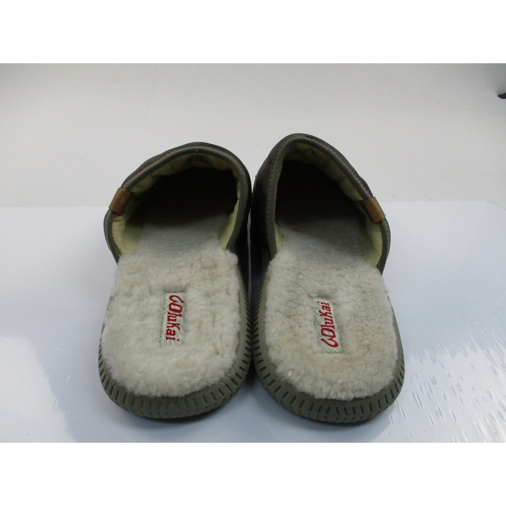 OluKai Mua 'Ili Slippers Mens 14 Brown Leather Shearling Lined Mules 10502-6321 - Picture 4 of 10